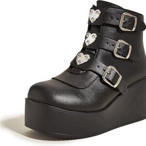 Women Chunky Ankle Boots Leather 3.1 Inch Heels Zipper Buckle Platform